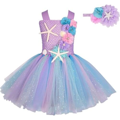 Girls Pastel Mermaid Princess Dress With Headband Sets Baby Girl Birthday Party Costume Floral Tulle Dress Cosplay Clothes