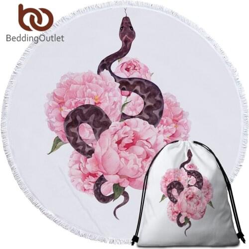 BeddingOutlet Penny Snake Round Beach Towel Pink Flower Bath Towel Animal Microfiber Towel for Bathroom Watercolor Serviette 1PC