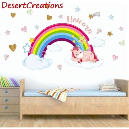 Rainbow Unicorn Sleeping On Cloud Wall Stickers Room Decoration Art Vinyls Decals Children Kids Living Room Bedroom Home Mural