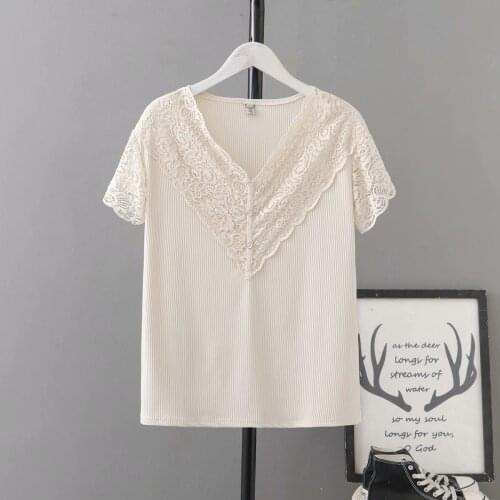 Plus size V-neck lace patchwork Short sleeve women t shirt 2021 summer ladies Black beige leather pink light green tee shirts