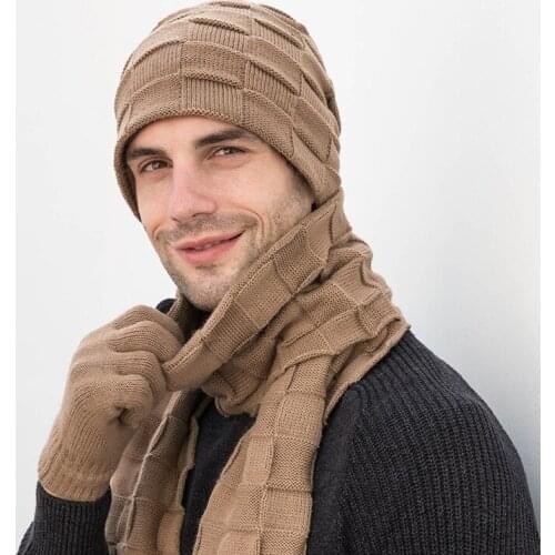 2020 Beanies Hat Scarf Gloves Set 3pcs Winter Knitted Thick Warm Cap Women Men Solid Retro Beanie Hat Soft Touch Screen Gloves