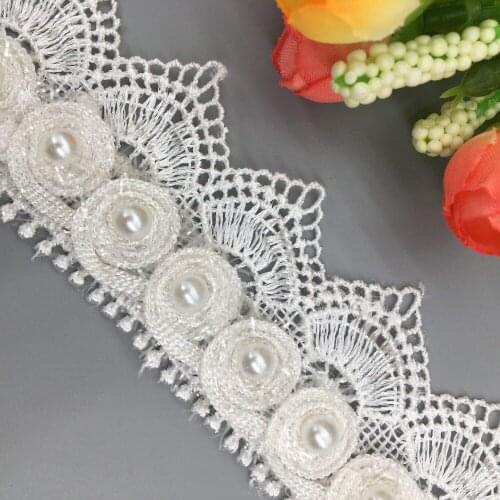 GXINUG Soluble Rose Flower Pearl Embroidered French Lace Trim Ribbon Fabric Sewing Craft Wedding Dress Costume Hat Decoration