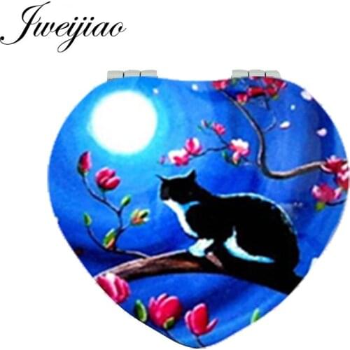Youhaken Moon and Cat on Branch Heart Pocket Mirror PU Leather Mini Folding 1x/2x Magnifying Makeup Mirror for Beauty Women