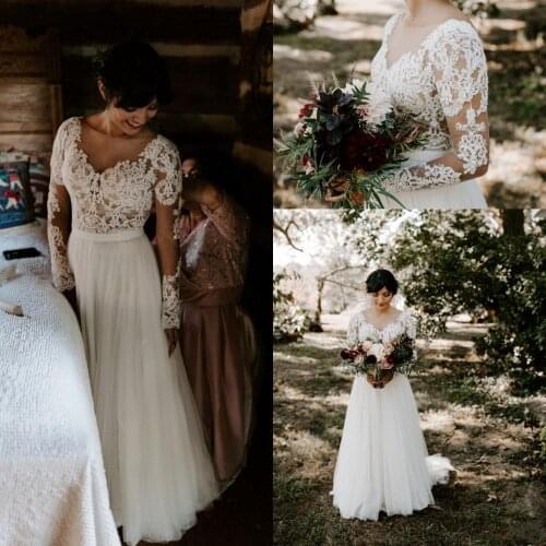 Illusion Long Sleeve Bohemian Wedding Dresses Lace Applique Sheer Neck Low Back Country Garden Beach Bridal Dress Simple Cheap