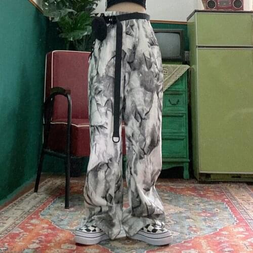 Street hip hop handsome mens and womens BF loose large dads work clothes printed wide leg long pants fashion trousers