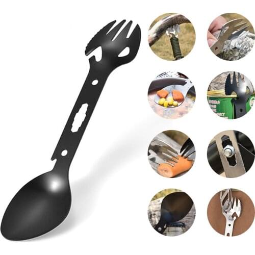 6-in-1 Spork Fork Spoon Stainless Steel Titanium Multifunctional Cutlery Corkscrew Harpoon Survival For Camping Hiking Fishing