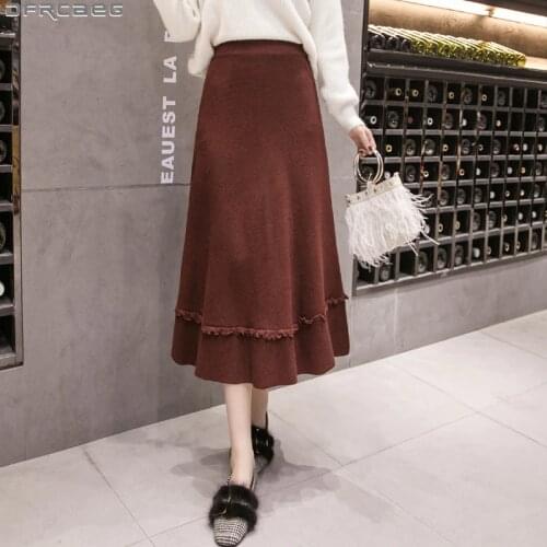 Retro High Waist Knitted Skirt Winter Elegant Office Long Skirts For Women Elastic Cotton Female Saias Black Brown Pleated Skirt