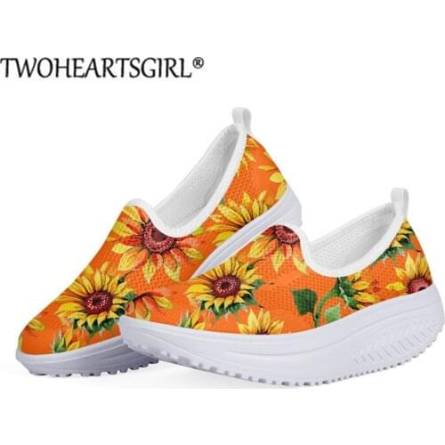 Twoheartsgirl Colorful Sunflower Pattern Women Nursing Shoes Fashion New Air Mesh Swing Shoe Ladies Lightweight Increasing Shoes