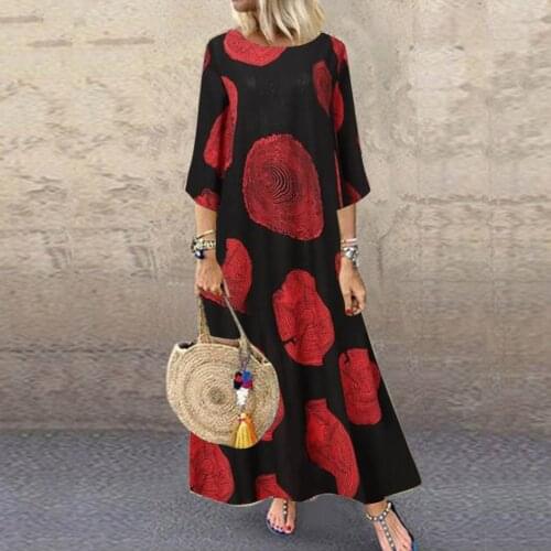 Womens Elegant Long Skirt With Three-quarter Sleeves Round Neck Casual Retro Cotton And Linen Printed Dress Vestido De Mujer