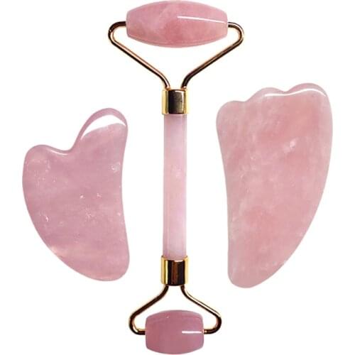3PCS/Set Natural Rose Quartz Gua Sha Roller Slimming Face Massager Lifting Tool Facial Massage Jade Roller Gua Sha Kit Stone
