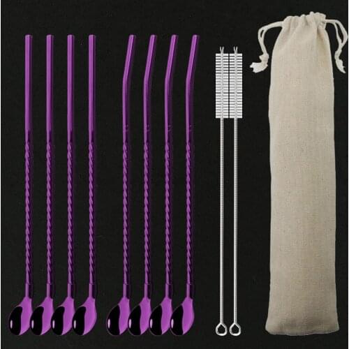 8Pcs Metal Reusable 18/10 Stainless Steel Straws Straight Bent Drinking Straw with Case Cleaning Brush Set Party Bar Accessory