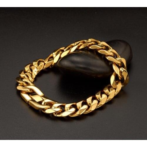 15mm Wide New Design 316L Stainless Steel Gold Tone Curb Cuban Chain Gift Mens Womens Bracelet Wristband 7-11inch Hot Jewelry