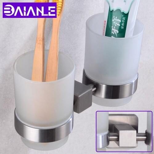 Toothbrush Holder Couple Stainless Steel Double Glass Cup Tumbler Holders Set Wall Mounted Toothpaste Rack Shelf Bath Hardware