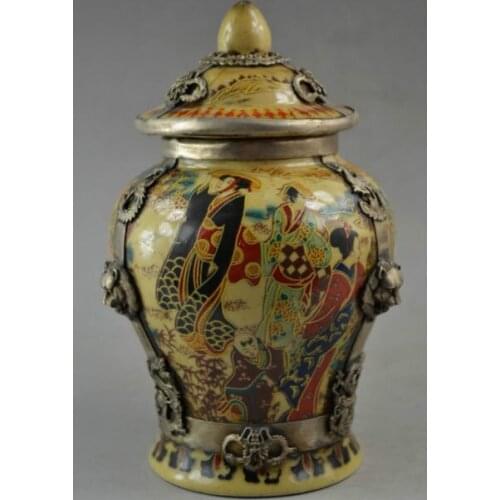 Rare Porcelain Drawing Dowager Armoured Dragon Phoenix & Lion Usable Storage Pot