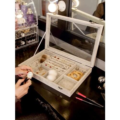 Korean Jewelry Box Storage Earrings Box Transparent Velvet Jewelry Display Flannel Jewelry Plate Portable Multi-function Storage