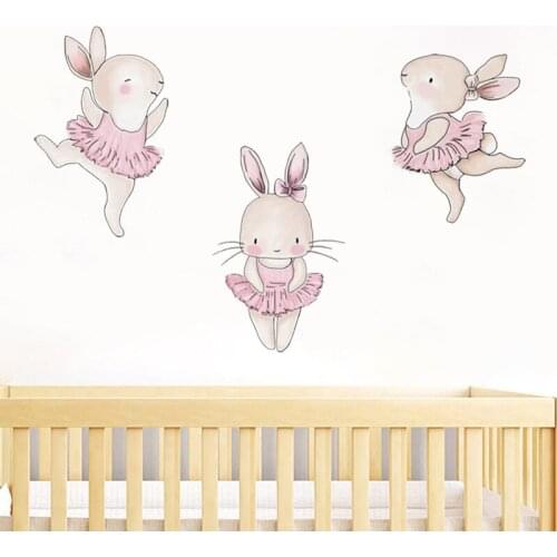 Cute Pink Bunny Ballet Rabbit Wall Stickers for Kids Room Decorative Nursery Wall Decals for Girl Room Home Decoration PVC