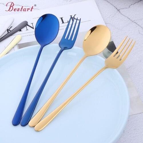 2 Pcs/Set Korean Stainless Steel Dinnerware Tableware Forks Gold Salad Spoon Set Long Handle Spoons Kitchen Tools