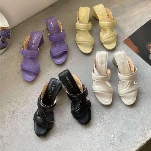 2021 Korean Style New Fashionable Chunky Heel Slippers Mid Heel Open Toe Sandals