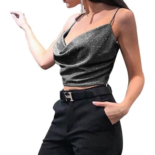 New Hot Sale Sexy Fashion Women With Flash Sleeveless Black Camis V-neck Short Slim Sexy Tops Summer Dating Club Wear Best Gift