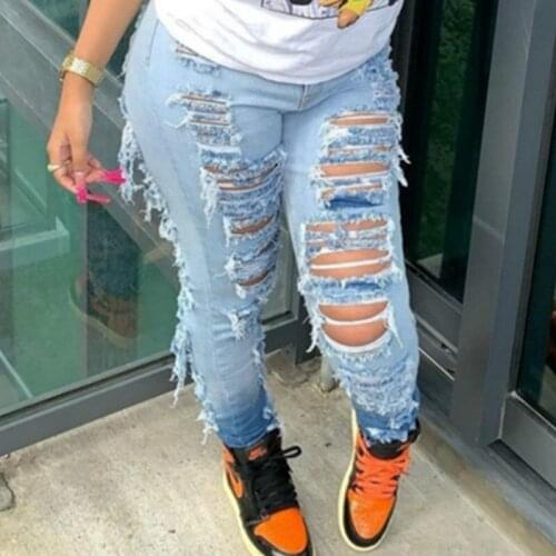 New Casual Hole Ripped Jeans Women Sexy High Waist Stretch Skinny Denim Pants Retro Pencil Pants Tassel Trousers Pockets Female