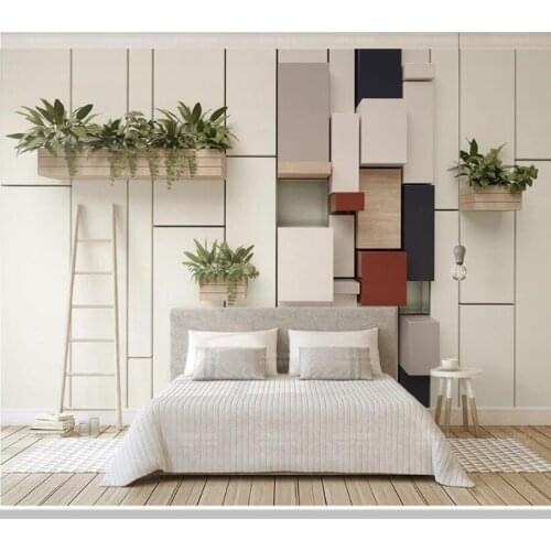 Papel de parede geometric cube mosaic fresh green plant potted 3d wallpaper mural,living room bedroom wall papers home decor