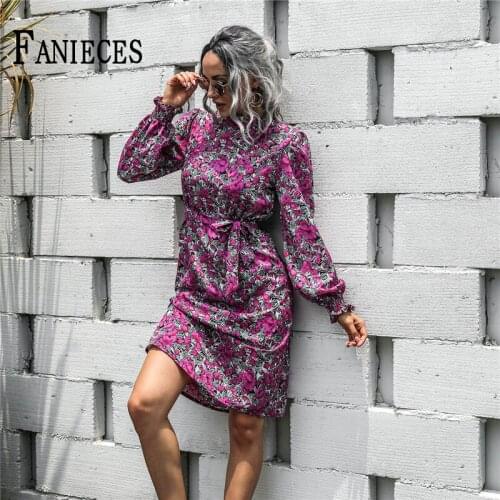 Women 2021 Spring Autumn New Stand Collar Lantern Sleeve Dress Female Floral Print A-line Vacation Casual Dresses Lace up Waist