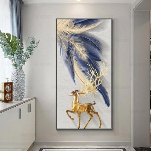 Nordic Poster Abstract Gold Deer and Feather Blue Canvas Painting On The Wall Art Picture for Living Room Home Decor No Frame