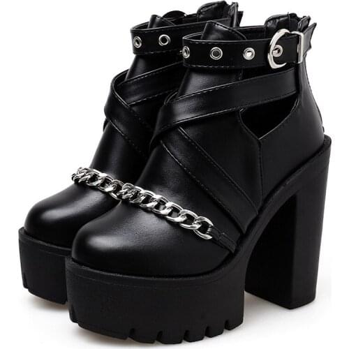 Sexy Chain New Thick with 13cm Gothic Womens Shoes Summer Breathable Leather Shoes Punk Style Street High-Heeled Shoes