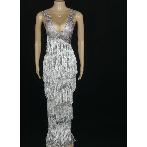 Sexy Transparent Rhinestones Tassels Trailing Long Dress Stretch Sleeveless Birthday Prom Party Celebration Singer Costume