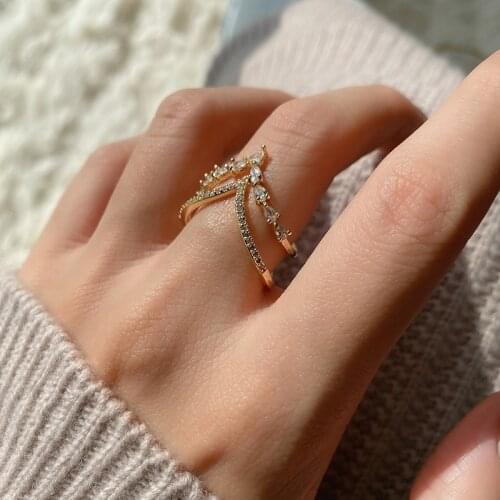 S925 Silver Open Ring Adjustable Size V-Shaped Heart-Shaped Full Diamond High-End Fashion Female Index Finger Ring