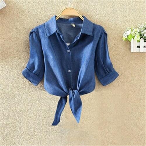 Navy Blue Shirts women Knot Front Crop Womens Tops and Blouses Button Summer Blouse Feme