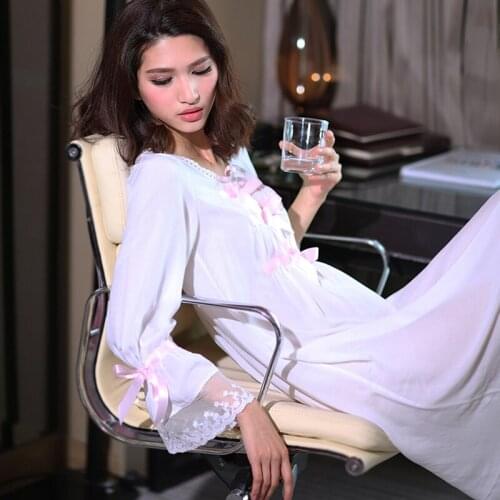 Spring and summer thin fashion 100% cotton long-sleeve royal princess nightgown white lace decoration full dress sleepwear
