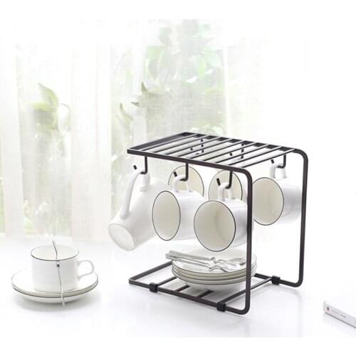 Iron Kitchen Drain Drying Holder with 6 Cup Hooks Bowl Dish Storage Rack Tableware Shelf Organizer Holder