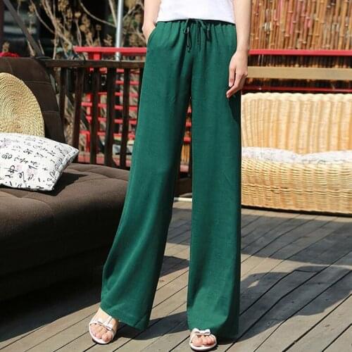 Spring Summer Casual Womens Elastic High Waist Wide Leg Green Black White Loose Trousers , Korean 2019 Fall Female Woman Pants