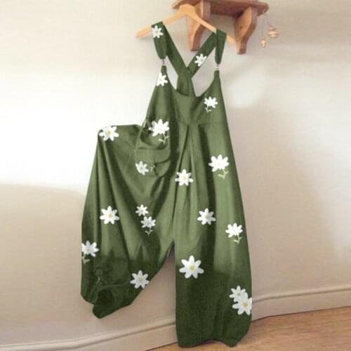 Plus Size Summer Rompers Women Casual Flower Print Jumpsuits Women Loose Sleeveless Ladies Overalls Drop-Crotch Pocket Playsuit