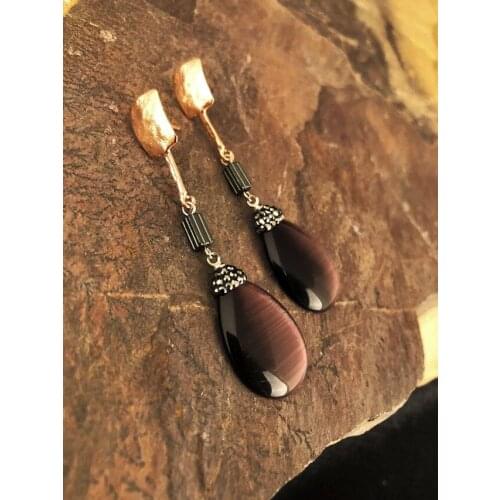 Dr Stone Natural Stone Women 'S Cat 'S Eye Stone Rose Gold Plated Earrings KR 439800254