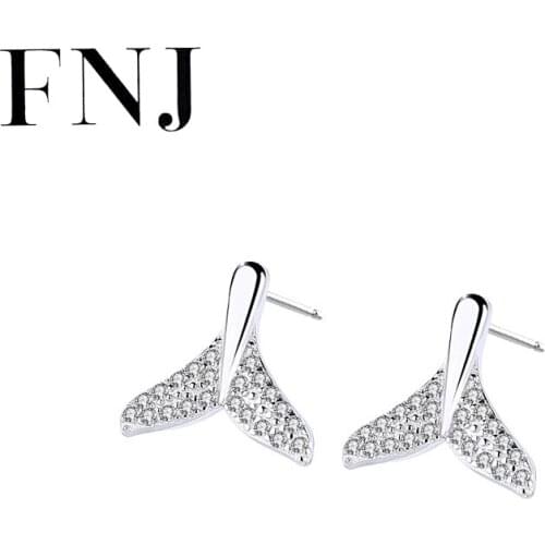 FNJ Mermaid Tail Earrings 925 Silver Jewelry Original Pure S925 Sterling Silver Stud Earring for Women White Cubic Zircon