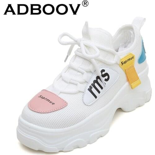 ADBOOV Knit Upper Platform Sneakers Women Thick Sole Casual Shoes Woman Chunky Sneakers White Pink Zapatos De Mujer De Moda 2019