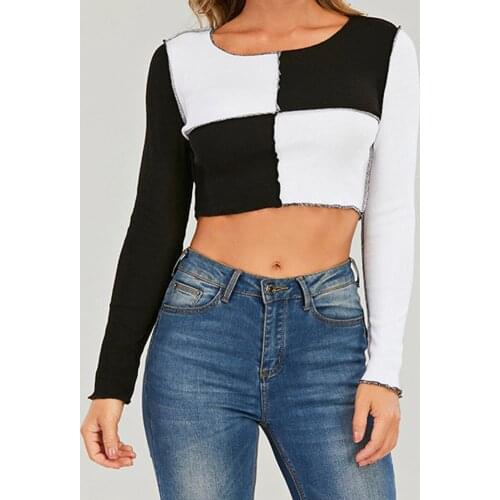 Fashion Crop Top Slim Long Sleeve Patchwork Autumn Winter 2021 Ladies Knitted Sweater Women O-neck Full Sleeve Jumper Pullovers