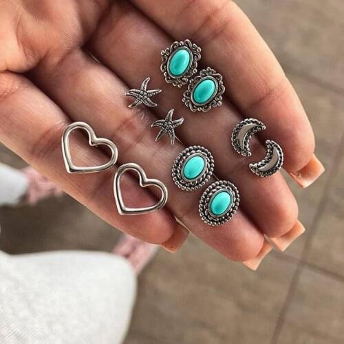 10 Pcs/Set Vintage Earrings Female Starfish Moon Hollow Oval Geometric Crystal Stud Earrings Set Lady Charm Party Jewelry