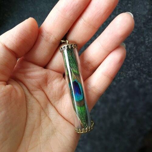 2PCS 60x12mm Glass Tube real peacock necklace terrarium necklace Feather Terrarium Bird Pendant Magical Jewelry