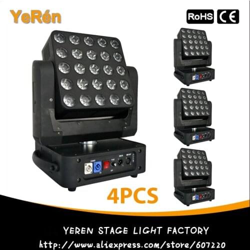 4PCS) 5x5 Professional Stage Lighting Equipment RGBW DMX Led Beam Moving Head Matrix Light 25*12W