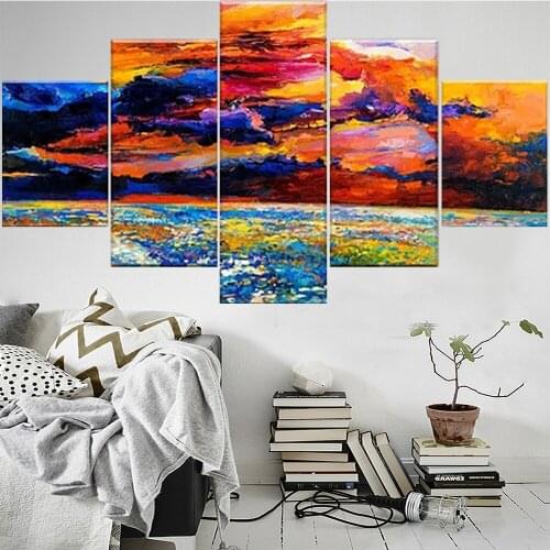 5 Pieces Wall Art Canvas Painting Abstract Landscape Poster Poppy Field Modern Living Room Home Decoration Framework Pictures