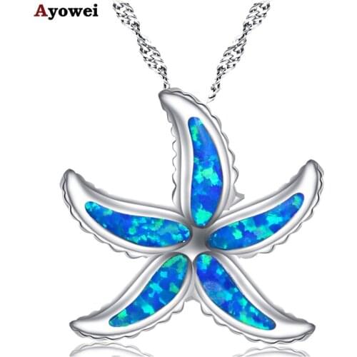Ayowei For Girl SIilver stamped Blue fire Opal Romantic Starfish for Friends party Necklace Pendant Fashion Jewelry OP779A