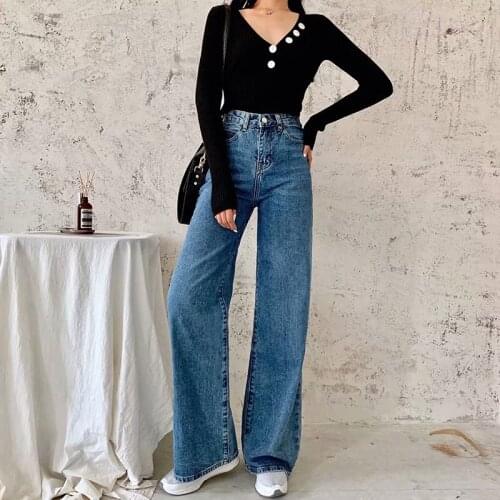 Spring Autumn New High Waist Solid Color Wide Leg Jeans Retro Style Women Street Style Classic Slim Straight Denim Pants Lady