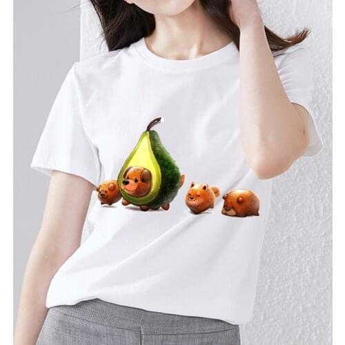 Summer Womens Sweet Casual T-shirt Simple Slim Commuter T-shirt Anime White Top Cartoon Cute Happy Avocado Print Short Sleeve