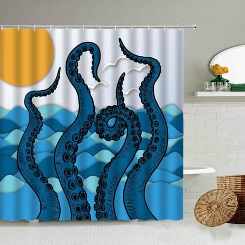 Cartoon Blue Fun Octopus Shower Curtain Sea Animal Theme Boy Bathroom Decoration Blackout Waterproof Privacy Screen With Hook