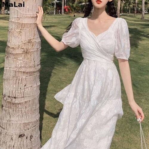 Korean Chiffon 2021 Sumemr Short Sleeve White Elegant Dresses for Women V-neck Solid Casual Dress female Beach One Piece Dress