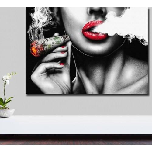 Red Lips Smoking Figure Vintage Walls Paintings Women Canvas Painting Home Decor Wall Art Poster and Prints Bar Picture Decora