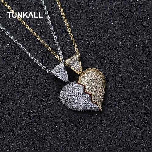 TUNKALL Brass Setting Heart Pendant Iced Out Cubic Zircon Necklace Hip Hop gift Jewelry bling bling CN276